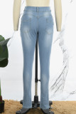Azul claro casual sólido rasgado retalhos bolso botões zíper cintura média jeans skinny