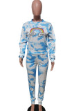Sky Blue Casual Print Patchwork O Neck Long Sleeve Two Pieces