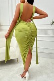 Rose Red Sexy Solid Backless Slit V Neck Wrapped Skirt Plus Size Dresses