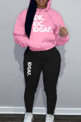 Pink Black Sportwear Casual Letter Print Hooded Collar Long Sleeve Sweatshirt And Draw String Pants Two Pieces Sweatsuit Sets