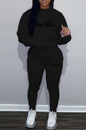 Black Sportwear Casual Graphics Print Hooded Collar Long Sleeve Sweatshirt And Draw String Pants Two Pieces Sweatsuit Sets