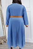 Royal Blue Sweet Solid Patchwork Buckle Turndown Collar A Line Plus Size Dresses