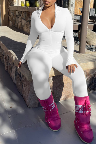White Casual Solid Basic Zipper Collar Skinny Jumpsuits