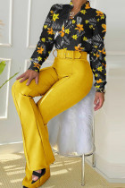 Hebilla de patchwork con estampado elegante amarillo con cinturón Cuello camisero Manga larga Dos piezas