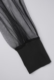 Черная уличная элегантная однотонная лоскутная сетка из двух частей с круглым вырезом и длинными рукавами