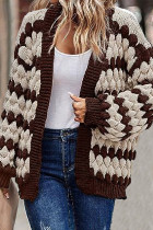 Apricot Brown Casual Patchwork Cardigan Contrast Outerwear