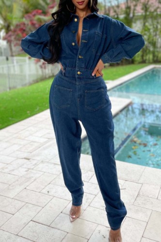 Ковбойский синий повседневный однотонный джинсовый комбинезон с отложным воротником и длинными рукавами