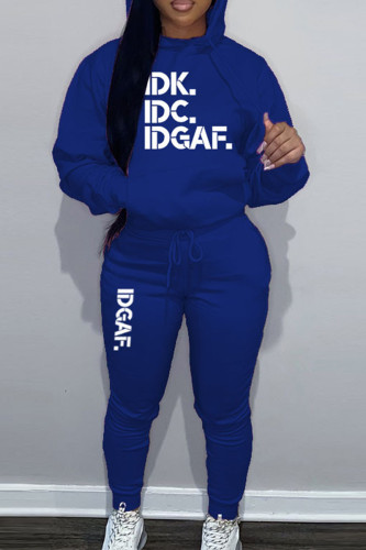 Blue Sportwear Casual Letter Print Hooded Collar Long Sleeve Sweatshirt And Draw String Pants Two Pieces Sweatsuit Sets