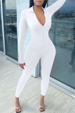White Casual Solid Basic Zipper Collar Skinny Jumpsuits