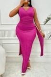 Green Sexy Solid Backless Slit V Neck Wrapped Skirt Plus Size Dresses