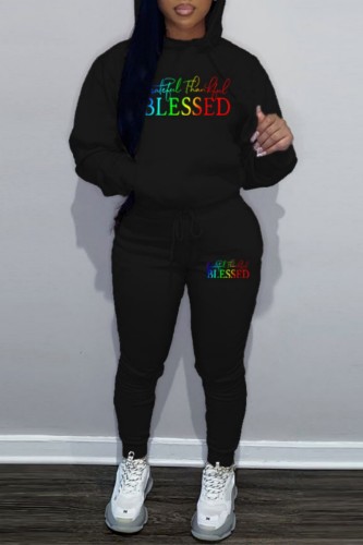 Black Sportwear Casual Letter Print Hooded Collar Long Sleeve Sweatshirt And Draw String Pants Two Pieces Sweatsuit Sets