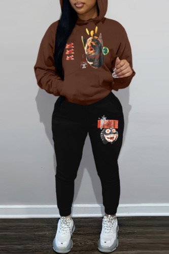Coffee Sportwear Casual Graphics Print Hooded Collar Long Sleeve Sweatshirt And Draw String Pants Two Pieces Sweatsuit Sets