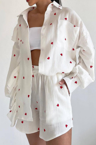 Red Sweet Print Patchwork Buckle Shirt Collar Long Sleeve Two Pieces