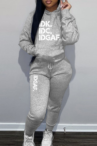 Grey Sportwear Casual Letter Print Hooded Collar Long Sleeve Sweatshirt And Draw String Pants Two Pieces Sweatsuit Sets