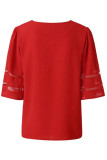 Camisetas vermelhas casuais estampadas patchwork malha com decote em V