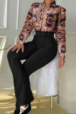 Black Elegant Print Patchwork Buckle With Belt Shirt Collar Long Sleeve Two Pieces