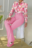 Yellow Elegant Print Patchwork Buckle With Belt Shirt Collar Long Sleeve Two Pieces