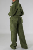 Colletto con cerniera lampo casual tinta unita verde militare manica lunga due pezzi