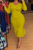 Mustard Yellow Casual Solid Patchwork V Neck Long Sleeve Plus Size Dresses