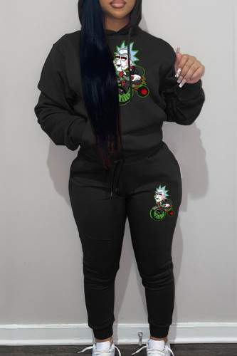 Black Casual Print Patchwork Draw String Pocket Hooded Collar Plus Size Two Pieces