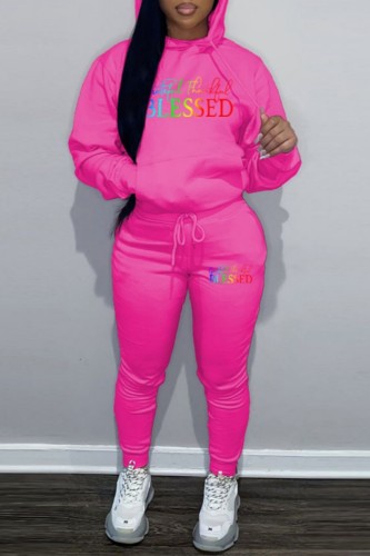 Rose Red Sportwear Casual Letter Print Hooded Collar Long Sleeve Sweatshirt And Draw String Pants Two Pieces Sweatsuit Sets