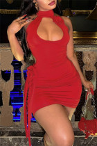 Красные сексуальные однотонные платья без рукавов с воротником-водолазкой
