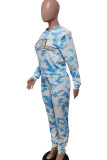 Sky Blue Casual Print Patchwork O Neck Long Sleeve Two Pieces