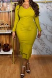 Mustard Yellow Casual Solid Patchwork V Neck Long Sleeve Plus Size Dresses