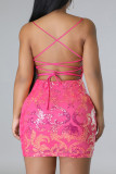 Розовые сексуальные повязки с цветочным принтом и блестками, лоскутное платье с открытой спиной и V-образным вырезом, обернутые юбки, платья