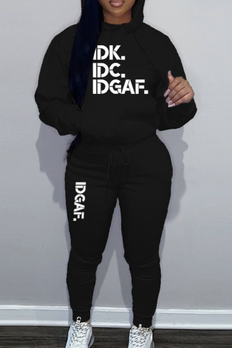 Black Sportwear Casual Letter Print Hooded Collar Long Sleeve Sweatshirt And Draw String Pants Two Pieces Sweatsuit Sets