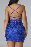Синие сексуальные цветочные повязки с блестками в стиле пэчворк с открытой спиной и V-образным вырезом, обернутые юбки, платья