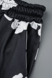 Черный Уличный принт Пэчворк Карман на завязках Воротник с капюшоном Длинный рукав Из двух частей