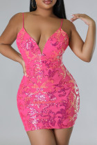 ピンクのセクシーな花柄包帯スパンコール パッチワーク バックレス V ネック ラップ スカート ドレス