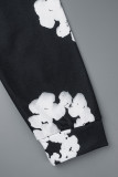 Calle estampado patchwork cordón bolsillo con capucha cuello manga larga dos piezas negro