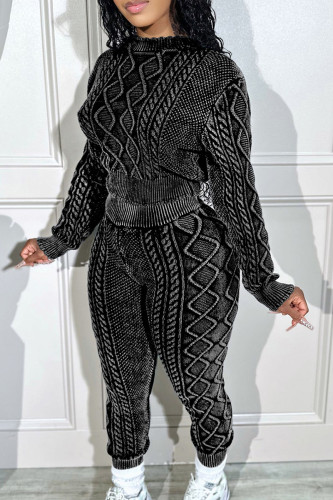Black Street Solid Patchwork O Neck Long Sleeve Two Pieces