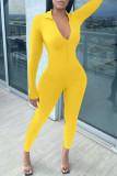 Yellow Casual Solid Basic Zipper Collar Skinny Jumpsuits