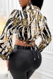 Black Casual Print Frenulum Turndown Collar Tops