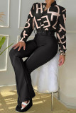 Brown Elegant Print Patchwork Buckle With Belt Shirt Collar Long Sleeve Two Pieces