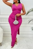 Rose Red Sexy Solid Backless Slit V Neck Wrapped Skirt Plus Size Dresses