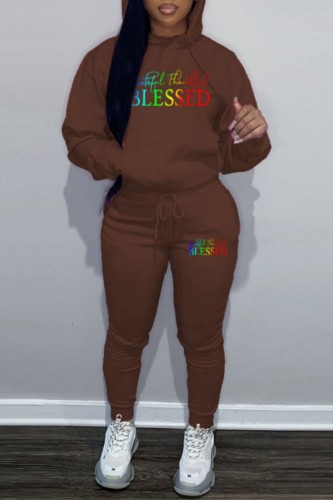 Brown Sportwear Casual Letter Print Hooded Collar Long Sleeve Sweatshirt And Draw String Pants Two Pieces Sweatsuit Sets