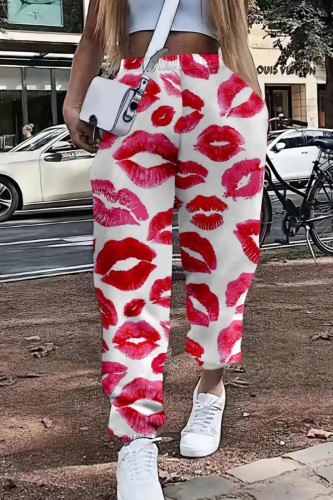 Red Casual Print Basic Plus Size High Waist Trousers