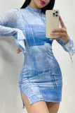 Vestidos de manga larga con cuello vuelto y abertura con estampado informal azul