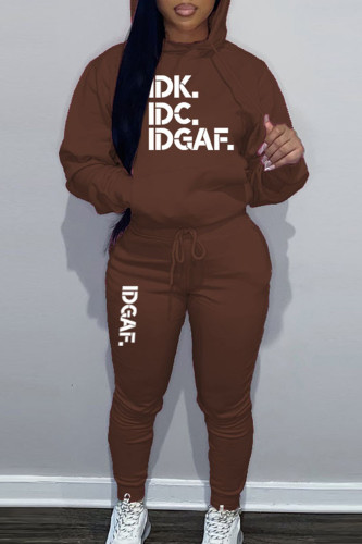 Brown Sportwear Casual Letter Print Hooded Collar Long Sleeve Sweatshirt And Draw String Pants Two Pieces Sweatsuit Sets