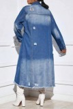 ディープブルー カジュアル パッチワーク リップド ターンダウン カラー 長袖 レギュラー デニム ジャケット