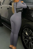 Grey Sexy Street Solid Patchwork Zipper O Neck Skinny Jumpsuits