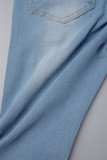 Hellblaue, lässige, einfarbige, zerrissene, Patchwork-Taschenknöpfe, Reißverschluss, mittlere Taille, Röhrenjeans