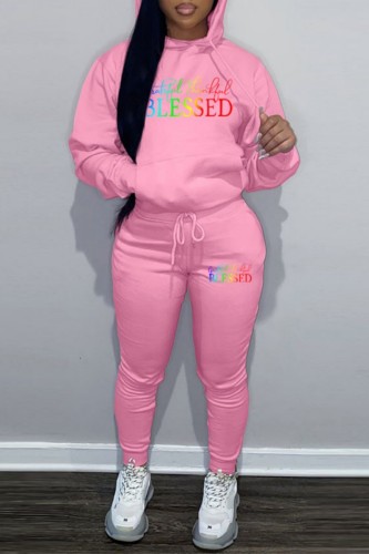 Pink Sportwear Casual Letter Print Hooded Collar Long Sleeve Sweatshirt And Draw String Pants Two Pieces Sweatsuit Sets