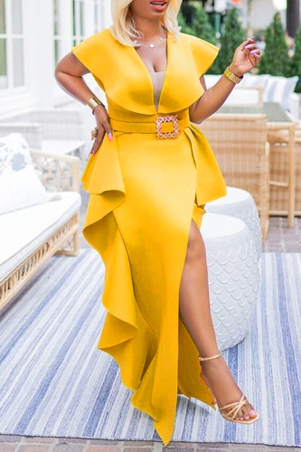 Yellow Party Formal Solid Patchwork With Belt V Neck Irregular Dress Plus Size Dresses