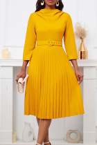 Geel elegant effen patchwork met riem geplooide O-hals A-lijn jurken