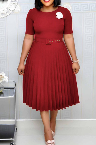 Burgundy Casual Solid Patchwork With Belt O Neck Pleated Plus Size Dresses